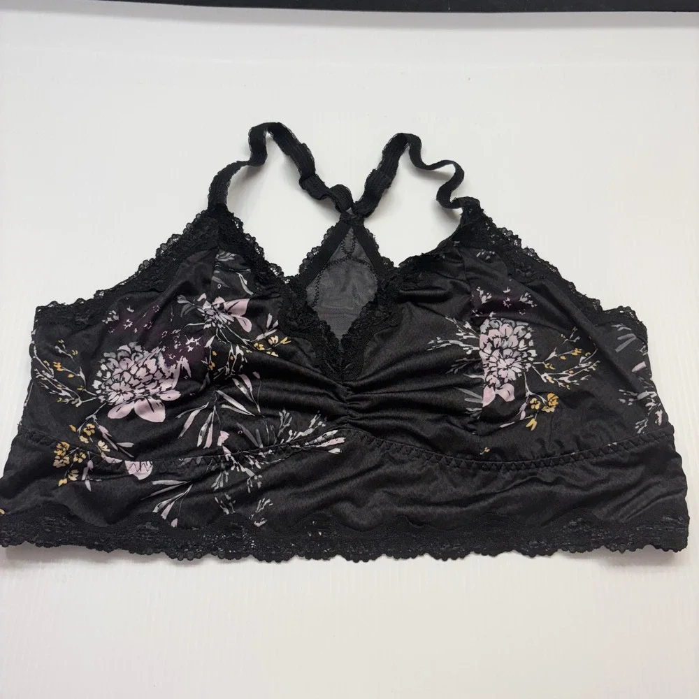 Torrid Bralette Womens 3 Black Floral Lace Trim Racerback Unlined Silky Lingerie